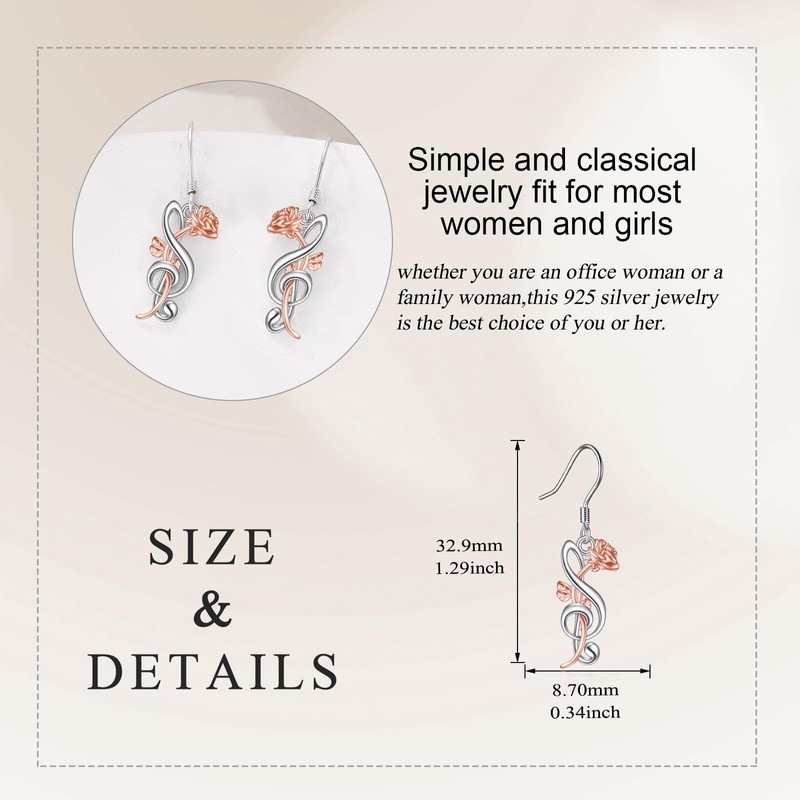Music Note Earrings 925 Sterling Silver Rose Flower Treble Clef