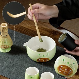 Japanese Matcha Tea Ceremony Set, Ceramic Cat Design Bowl with Whisk and Cups, Light Green, 6 Pieces