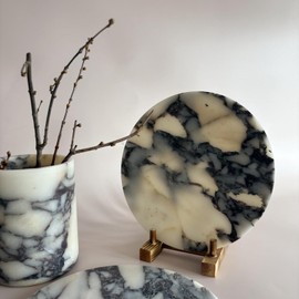 StonePlus Natural Round Marble Tray Matte Polishing Board Circular Plate Home Decor (Calacatta Purple)