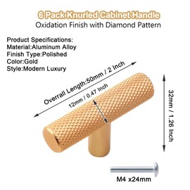 Cjueiom 6 Pack Gold Cupboard Knobs 50mm Length T Bar Handles, Knurled Drawer Knobs Cupboard Pull Handles with Diamond Pattern, Wardrobe Door Knobs Kitchen Cabinet Knobs for Bedroom Drawer Closet