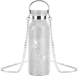 Bling Diamond Thermal Bottle,Glitter Water Bottles, Stainless Steel Thermal Bottle Refillable Water Bottle with Chain for Women (silver 750ml)