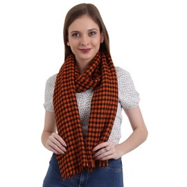 EH 100% Pure Cashmere scarf, stole Houndstooth, warm large buttery soft Pashmina (BURNT ORANGE & BLACK)