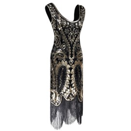 1920s Vintage Peacock Sequin Fringed Party Flapper Dress w 20s Accessories Set (XL, Sequin Black Gold)