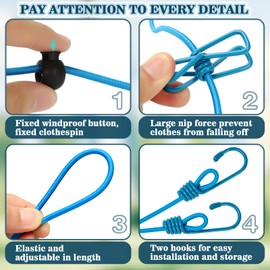 NINEMAX Stretchy Retractable Travel Clothesline - Portable Clothesline with 12 Clothespins, Windproof Camping Clothesline with Hooks, Elastic Clothes Drying Line for Outdoor and Indoor Use