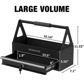 UNITEDPOWER Handy Tool Box With 1 Drawer，Portable Metal Tote Tray with comfortable grip handle, Tool Organization for Household, Warehouse, Repair Shop, Black