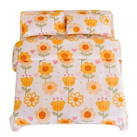 WFFFa 4PC Cute Floral Printed Bed Sheet Set,Soft Breathable Fabric Flat Sheet Fitted Sheet and Pillow Cases Set (Orange Flower, Full)