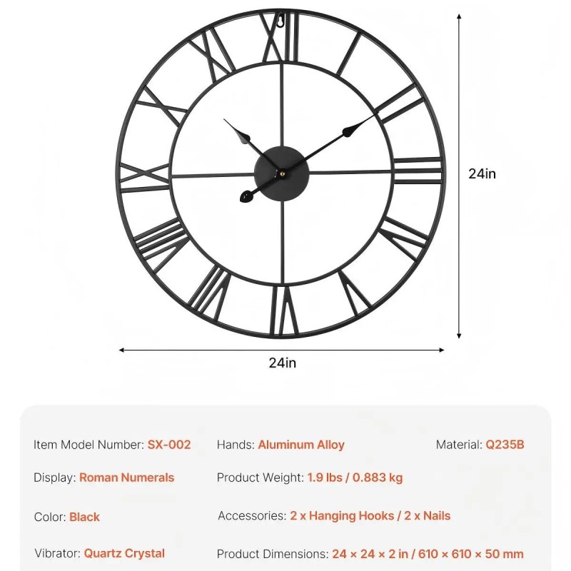24-Inch Classic Decorative Wall Clock with Roman Numerals Battery Operated