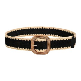 FFWTPY Women's Elastic Straw Belt Braided Wide Summer Beach Fashion Boho Waist Belt with Buckle Adjustable for Dresses Shirts Jeans, black