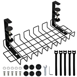 Yuroochii Under Desk Cable Management Tray, No Drill Desk Cable Organizer Rack, 15.7" Cord Organizer for Desk with Clamps, Steel Desk Wire Management, Sturdy Desk Cable Tray for Most Home Office Table