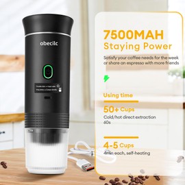 obecilc Portable Espresso Machine for Travel, 20 Bar Espresso Coffee Machine with USB-C,3-In-1 Travel Coffee Maker Self-Heating, Compatible with Ground Coffee & Capsule for Hiking,Office,RV（Black）