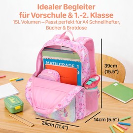 Bagseri Children's Backpack Girls 15L, Lightweight School Backpack for Preschool & 1st 2nd Grade, Backpack with Chest Strap & Insulated Compartment, Suitable for DIN A4 File Folder, Reflective, Pink Unicorn