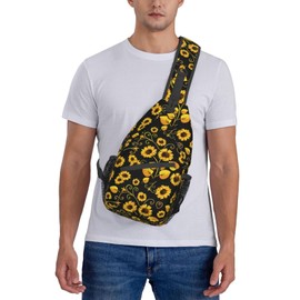 COFEIYISI Sunflower Sling Bag Crossbody Backpack for Men Women Seamless Sunflower Leaves Yellow Flowers on Black Background Chest Bag Adjustable Casual Shoulder Backpack Travel Hiking Daypack