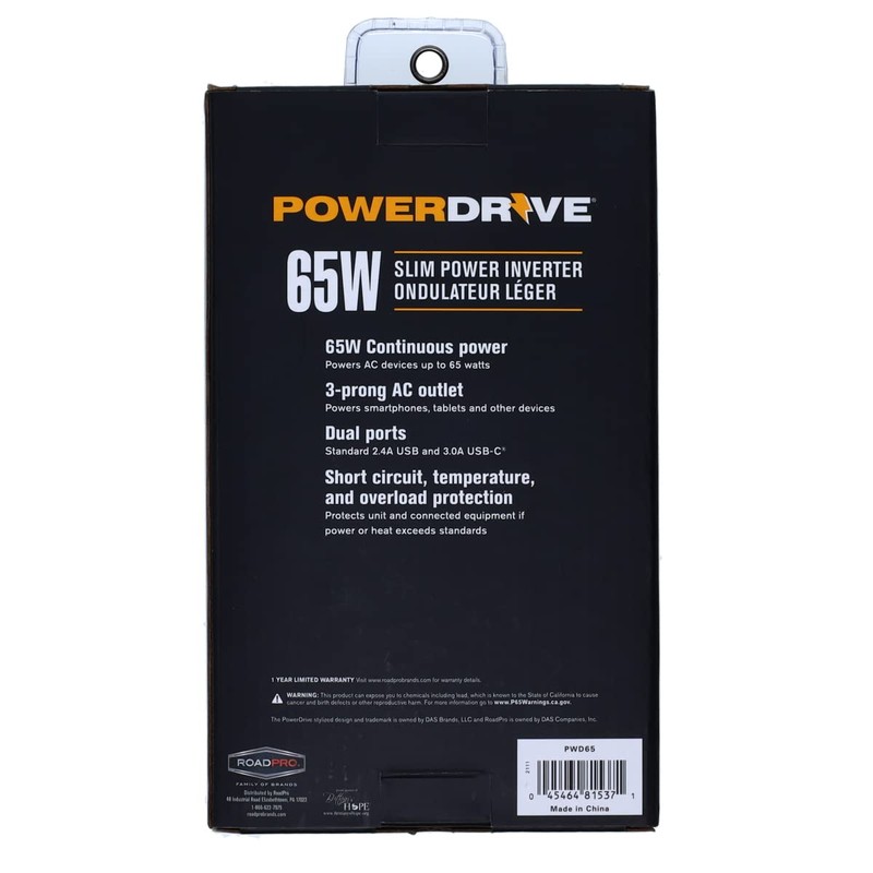 PowerDrive PWD65 65 Watt Slim Power Inverter 12v DC to