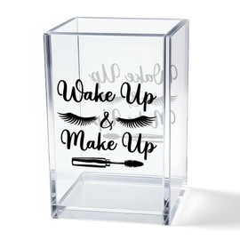 Vgrti Wake Up And Make Up Acrylic Makeup Brush Organizer Holder, Desk Acrylic Brushes Storage, Motivational Morning Gifts for Woman Mom Beauty Lover Makeup Lovers