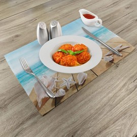 Ambesonne Seashells Place Mats Set of 4, Wooden Boardwald Sunshine Vacations Beach Theme, Washable Fabric Placemats for Dining Table, Standard Size, Blue Beige