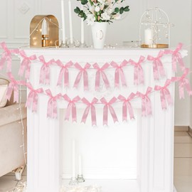 2 Pcs Pink Bow Garland Banner, Pink Satin Ribbon Party Decorations Pre-Strung Bow Decor Banner for Wedding Bridal Shower Baby Shower Birthday Bachelorette Party