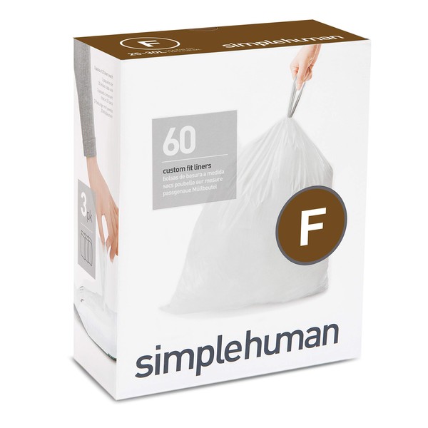 simplehuman Code F Custom Fit Drawstring Trash Bag, 25 Liter / 6.5 Gallon, 60 Liners, White