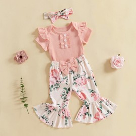 MERSARIPHY Baby Girl Bell Bottom Outfit Cute Infant Newborn Girl Summer Clothes Ribbed Knit Ruffle Romper Tops Flare Pants Set (Pink, 3-6 Months)