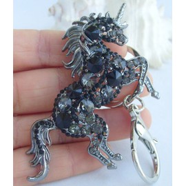 Sindary Austrian Crystal Unique 3.35" Unicorn Horse Keychain Pendant K6172 (Black Tone Black)