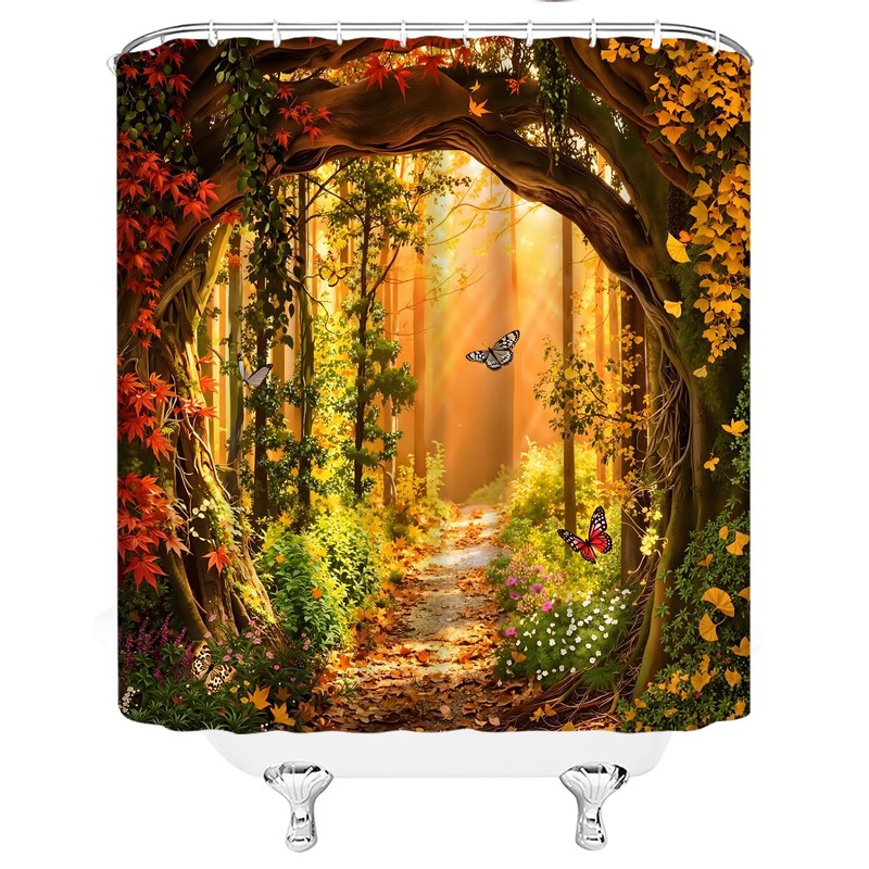 Fall Forest Shower Curtain Set,Autumn Bathroom Decor Curtain
