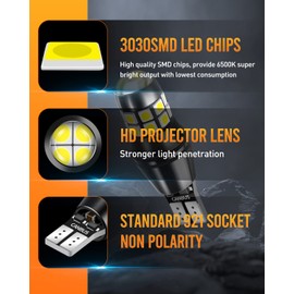 LUYED 912 921 LED Bulbs Reverse Lights Xenon White 2200 Lumens Extremely Bright Canbus Error Free W16W T15 906 3030 20-EX Chipsets with Lens for Tail Backup Lights, Pack of 2