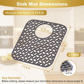 Myirxcv Sink Protectors for Kitchen Sink, 13.5" x 11.4" Non-Slip Silicone Sink Mat Grid for Bottom of Farmhouse & Stainless Steel Sinks, Rear Drain Hole, Heat Resistant, Raised Feet(2 Pack, Grey)
