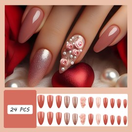 24 PCS Valentine's Day Fake Nails Press on Nails Pearl Rose Fake Nails Medium Fake Nails Gifts for Women and Girls (No.94)