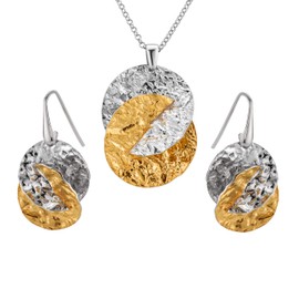 LillyMarie Women's Silver Jewellery Set 925 Silver Pendant Round Crinkled Silver/Gold Length Adjustable Gift Box Gift for Mum, Sterling Silver