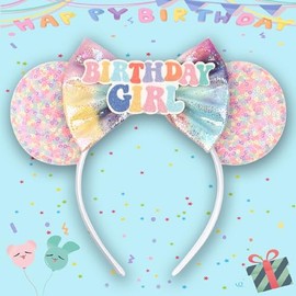 WelyHM Glitter Sequin Birthday Girl Mouse Ears Bow Headband Hair Bands for Birthday Party