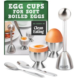 Eparé - Juego de huevos y galletas - Huevos para huevos duros blandos británicos, cortador de decoración de huevos de acero inoxidable, cucharas de huevo y soporte para huevos duros
