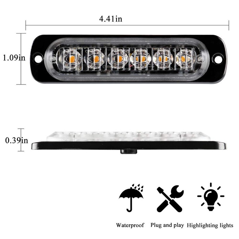 Teguangmei 4Pcs Ultra Thin 6LED Emergency Strobe Lights Amber Hazard