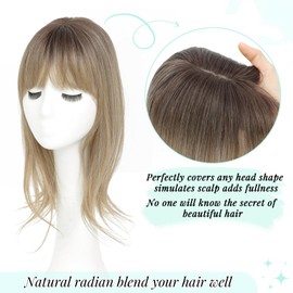 Fine Plus 18 Inch 360° Hair Topper with Fringe, Fluffy Wispy Fringe Blends Naturally Synthetic Hair Clips With 4"x5" Base Hairpieces for Women Daily Use & Parties (Dark Blonde with Dark Root)