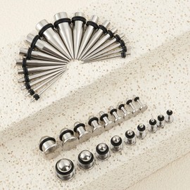 Longbeauty 14G-00G 36pcs Ear Gauges Stretching Kit Surgical Steel Tapers for Ears Gauge Starter Kits Single Flat Top Gauges Plugs for Women Men (Silver)