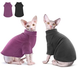 Idepet Sphynx Cats Sweater 2 Pack,Turtleneck Hairless Cat Shirt Soft and Warm Kitten Clothes with Sleeves Pullover Pet Winter Pajamas Jumpsuit for Cat Puppy (Black&Purple, Small)