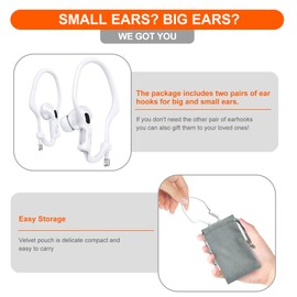 Haireca 2 Pairs AirPods Ear Hooks for AirPods 4, 3, 2 & 1, AirPods Pro 2, AirPods Pro, [Adjustable] [Silicone] Upgraded Anti Slip Clip Grip [Added Velvet Storage Pouch] for Running Sports – White