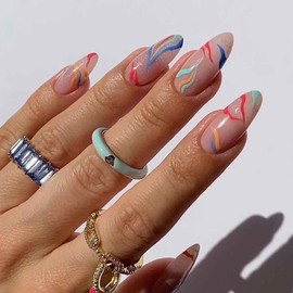 RikView Almond Press on Nails Medium Fake Nails with Swirls Design Colorful Nails for Women 24 PCs/Set