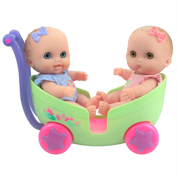 Lil Cutesies TWIN 8.5" All Vinyl Dolls and Stroller Set | Posable and Washable | Removable Outfits |Twin Stroller and Accessory | JC Toys | Ages 2+ , Green