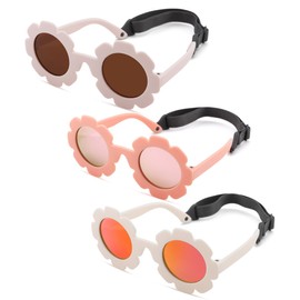 Polarized Baby Sunglasses with Strap – Flexible Flower Shaped Sunglasses for Toddler & Infant Age 0-24 Months (White/Purple Red + Beige/Brown + Pink/Pink) - 3 Pack