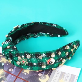 Gmmidea Christmas Plaid Headbands for Women Girls Jeweled Xmas Knotted Headband Pearl Rhinestone Red Green Plaid Hairband Festive Christmas Headpiece Xmas Outfits Accessories