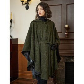 BEAUTELICATE Women Tweed Hooded Belted Cloak Buttons Closure Sleeveless Satin Lining Wool Poncho