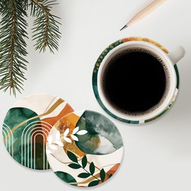 ANATTASOUL 9 Pcs Abstract Art Plants Pattern Wood Coasters, 10cm Art Round Coasters Craft Supplies for Drinks Absorbent Kitchen Dining Room Decoration