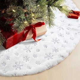 White Christmas Tree Skirt with Snowflake Design Plush Luxury Faux Fur Tree Mat with Silver Embroidered Sequin Print, 90cm Snowflake Base Cover Xmas Tree Base Cover, Holiday Party Home Decoration