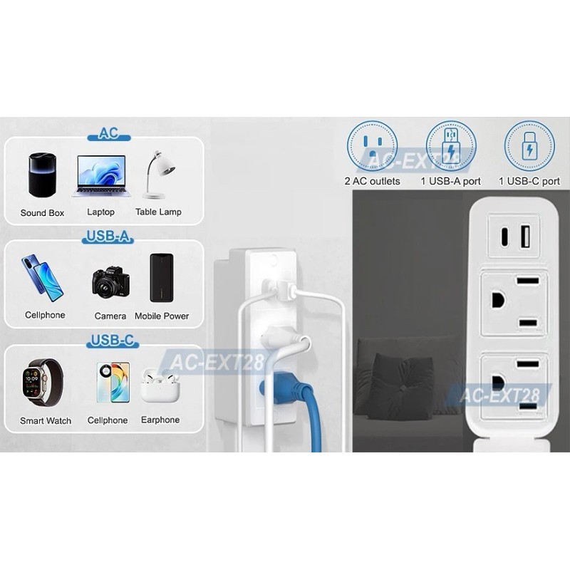 AC Wall Outlet Extender Rotational Stick With 2 AC Outlets