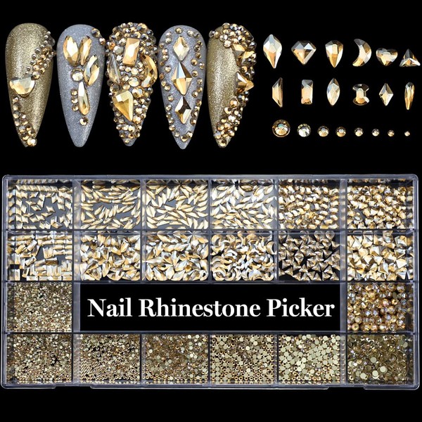 3100 Pcs Rhinestones for Nail, 600 Champagne Diamonds + 2500 Flatback Rhinestones Nail Art Rhinestone Crystal Multi Shapes Flatback Gems Stones Rhinestones for Nail DIY Nails Arts and Crafts