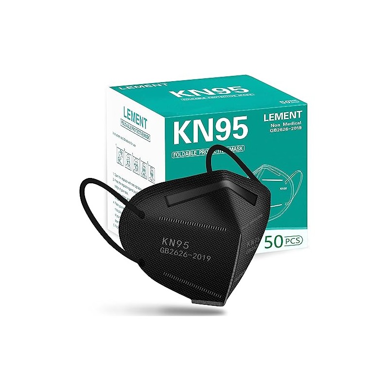 LEMENT 50pcs KN95 Face Mask Black 5 Layer Cup Dust