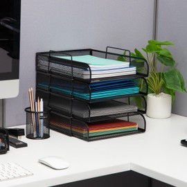 Mind Reader Stackable Paper Tray, Desktop Organizer, File Storage, Office, Metal Mesh, 10.5" L x13.5 W x11.25 H, 4 Pcs., Black