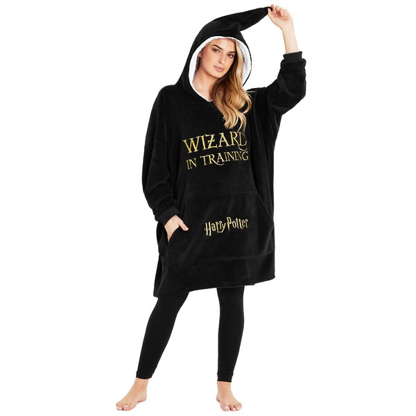 Harry Potter Oversized Blanket Hoodie for Women Men and Teens, Fleece Wearable Blanket (Black)