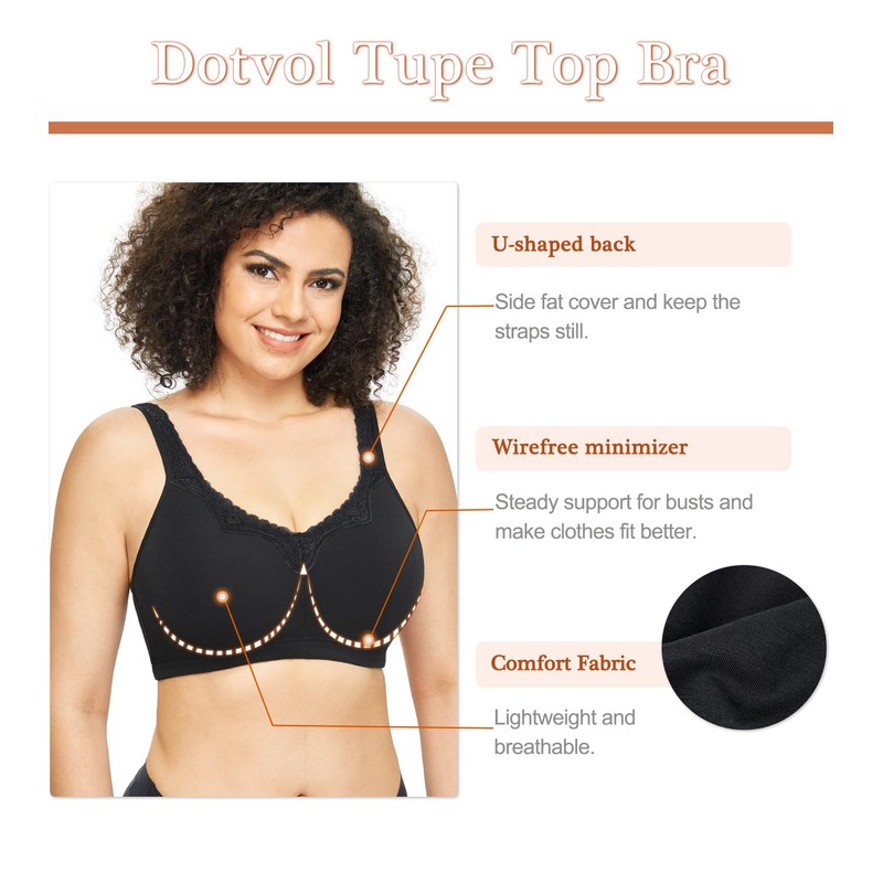 Women's Lace Cotton Comfort Plus Size Full Cup Wireless Bra(Black,36DD)