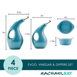 Rachael Ray Serveware Ceramics EVOO and Ramekin Dipper Set, 4 Piece, Agave Blue