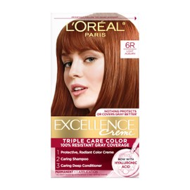 L'Oreal Paris Excellence Crème Permanent Hair Dye, Triple Care Hair Color with Hyaluronic Acid for 100% Gray Coverage, 6R Light Auburn, 1 Kit (Packaging May Vary)